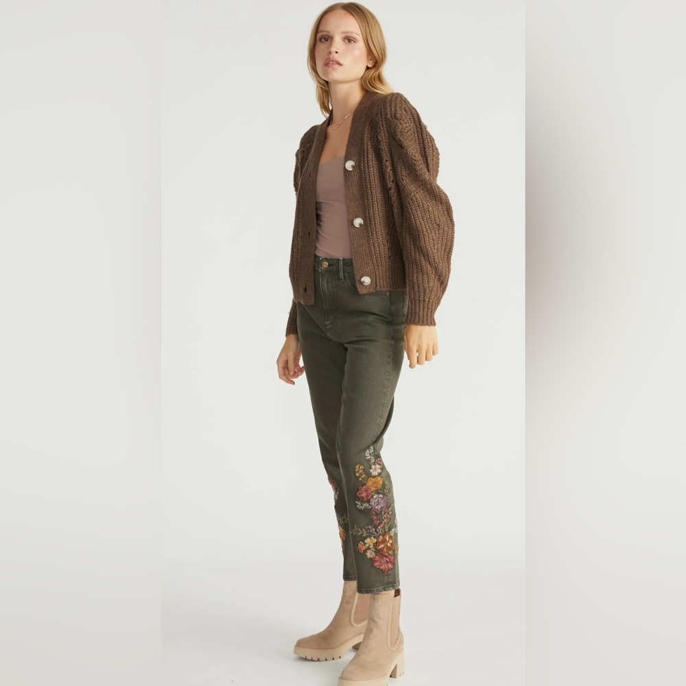 Driftwood Royce Olive Raised Floral Embroidered Straight Leg Jeans Size‎ 28